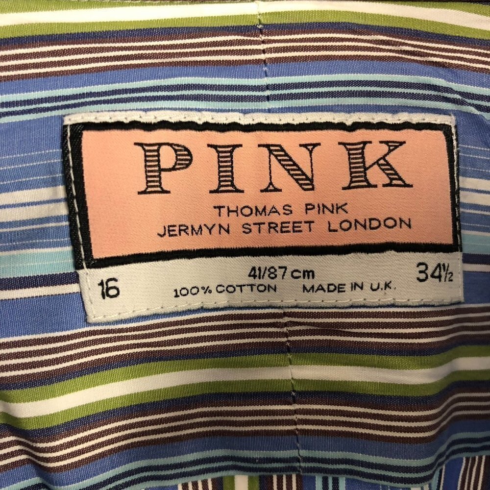 Pink THOMAS PINK Striped Button Down Shirt Blue Yellow White Green Sz 16 /‎ 34.5 - Picture 10 of 10